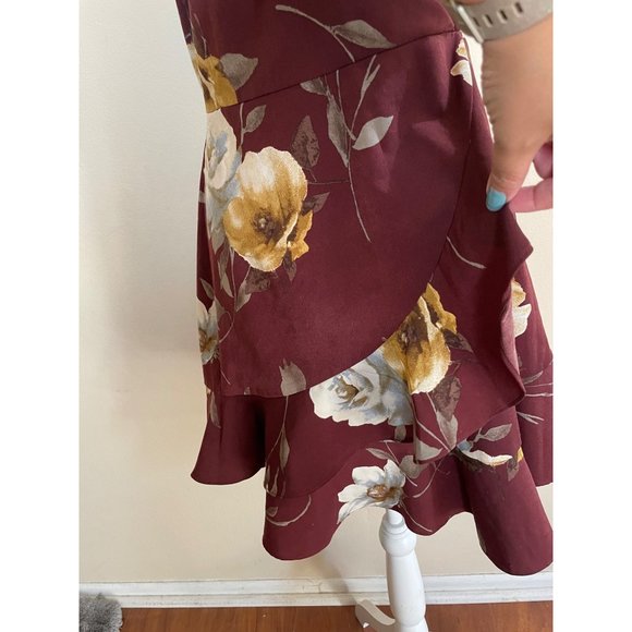Mine Boutique Ruffle Surplice Cinnamon Rust Floral Wrap Mini Dress Size L - Picture 4 of 11